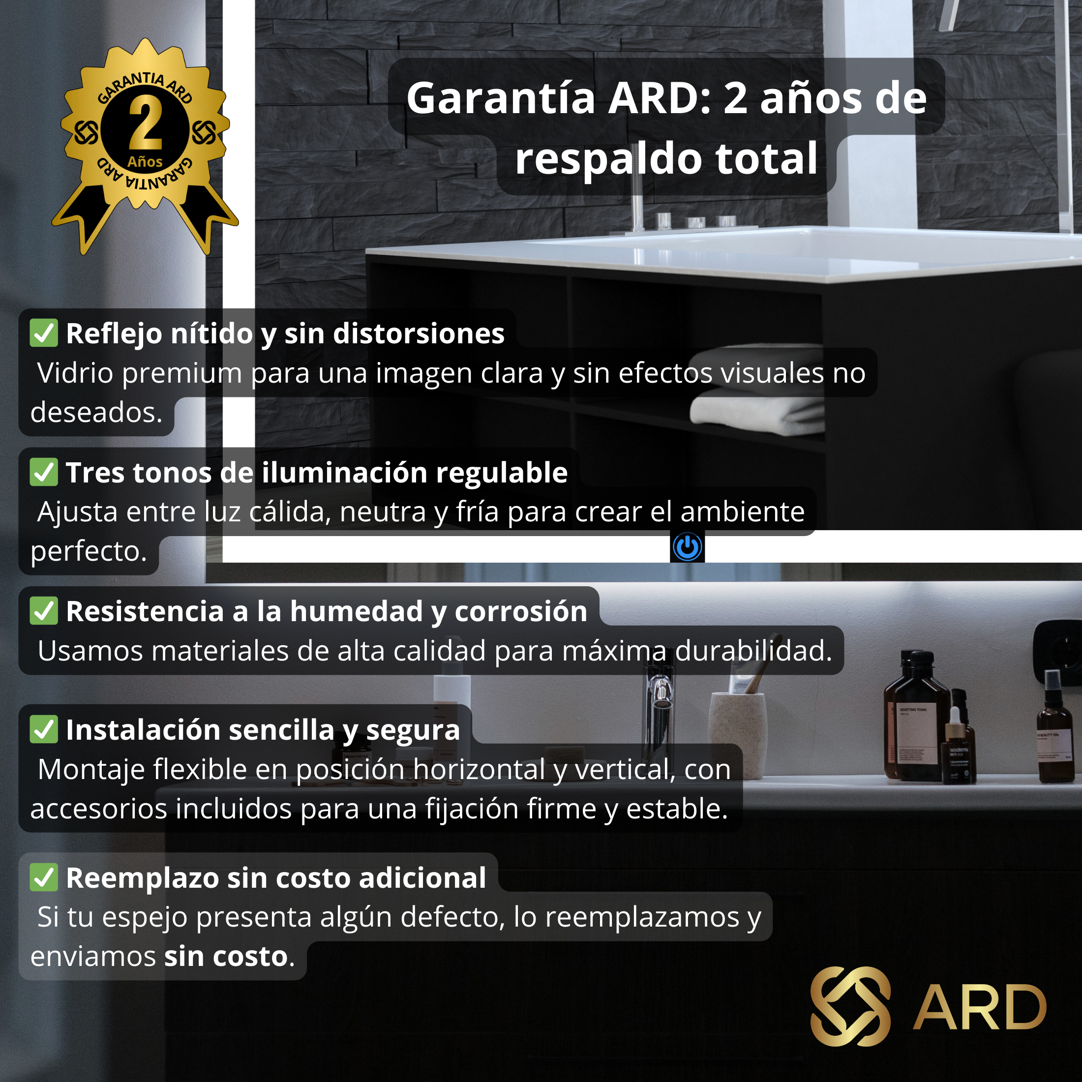 Espejo LED Decorativo Irregular ARD Glanz Luminous Drop 78 x 60 cm con Luz Indirecta, Sensor Táctil y Montaje para Baño, Recámara, Sala o Tocador