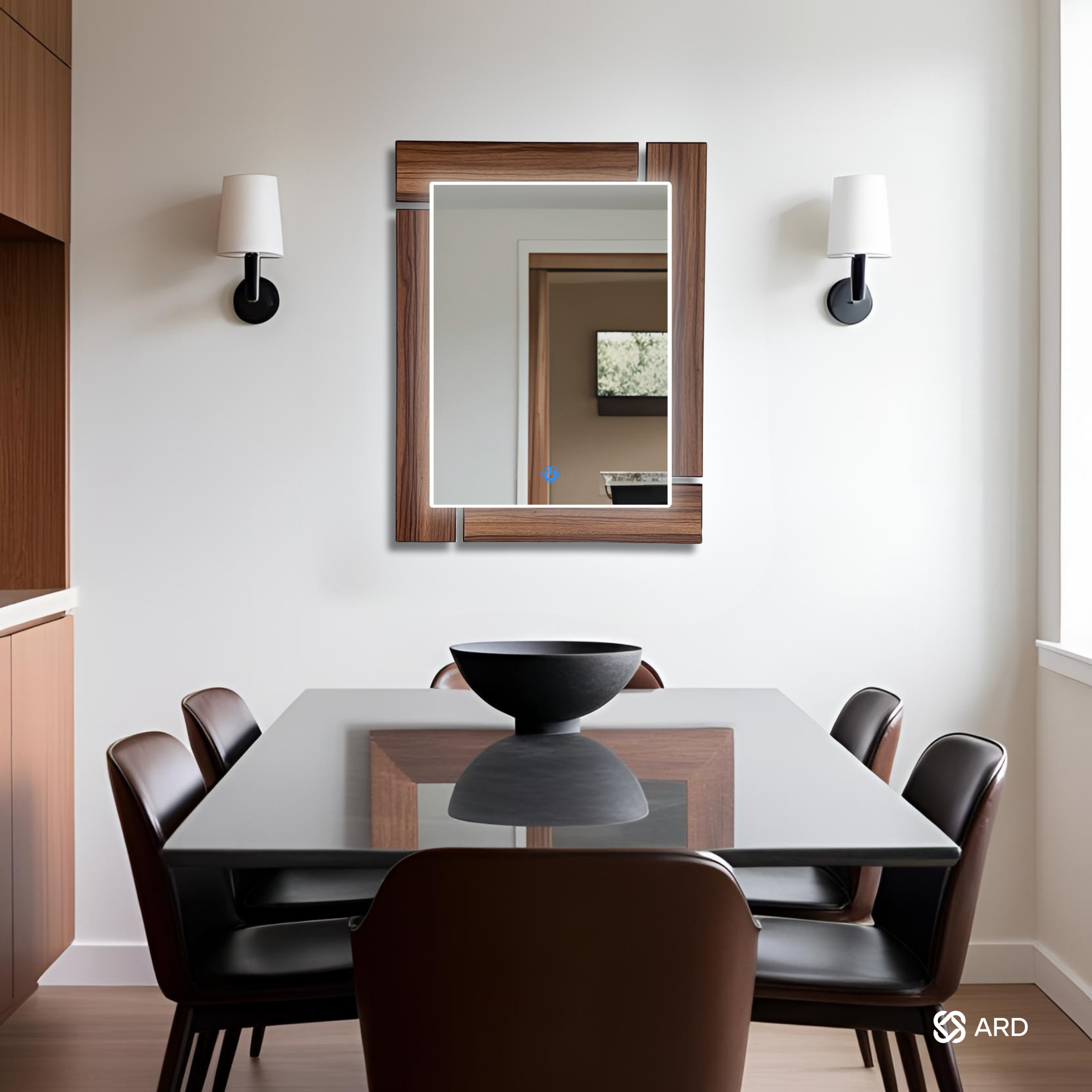 Espejo LED Decorativo Rectangular de Madera ARD Glanz Luminous Oak 78 x 60 cm con Luz Indirecta y Montaje para Sala, Baño, Comedor o Recámara Moderna