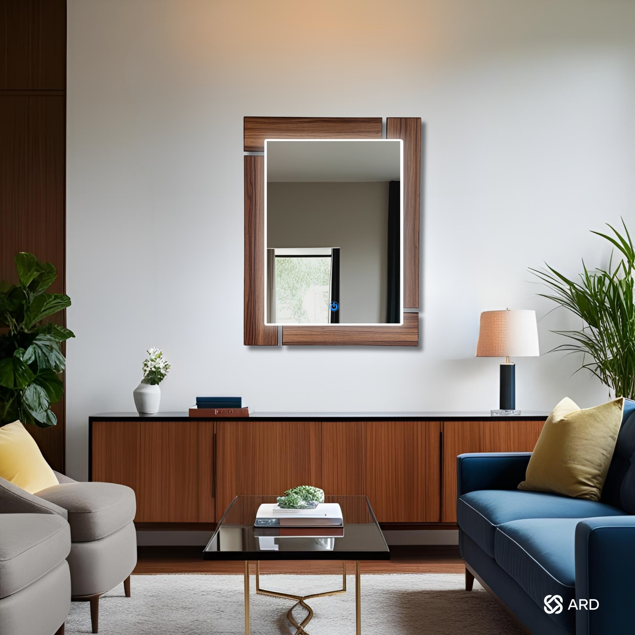 Espejo LED Decorativo Rectangular de Madera ARD Glanz Luminous Oak 78 x 60 cm con Luz Indirecta y Montaje para Sala, Baño, Comedor o Recámara Moderna