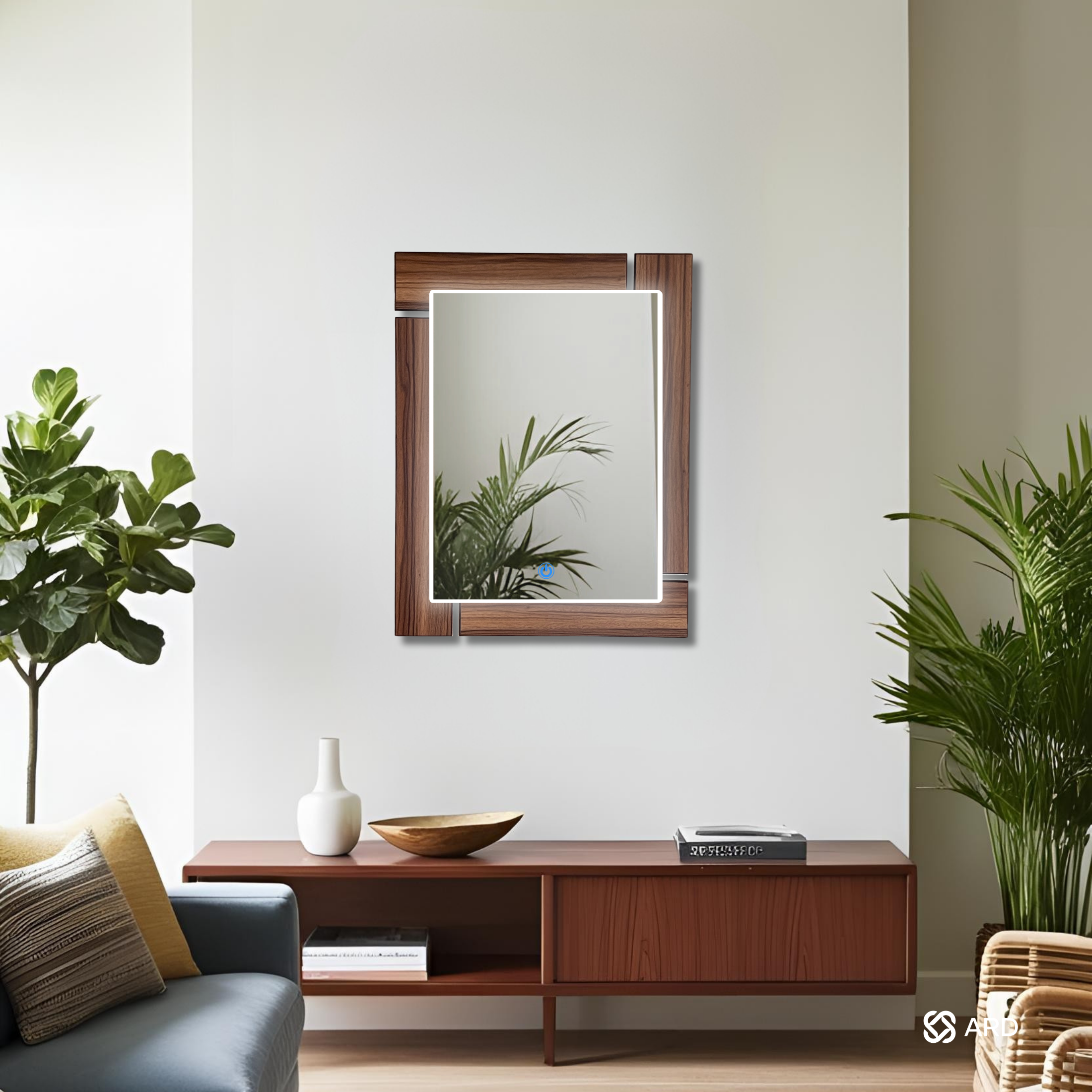 Espejo LED Decorativo Rectangular de Madera ARD Glanz Luminous Oak 78 x 60 cm con Luz Indirecta y Montaje para Sala, Baño, Comedor o Recámara Moderna