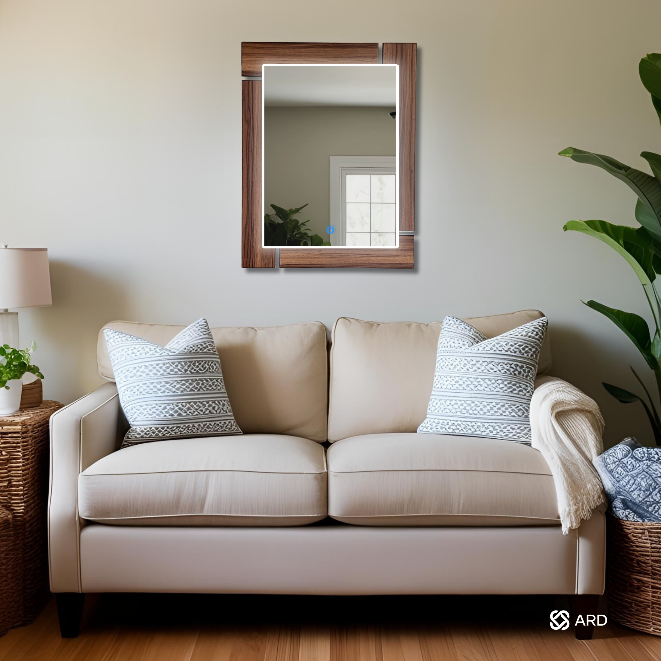 Espejo LED Decorativo Rectangular de Madera ARD Glanz Luminous Oak 78 x 60 cm con Luz Indirecta y Montaje para Sala, Baño, Comedor o Recámara Moderna
