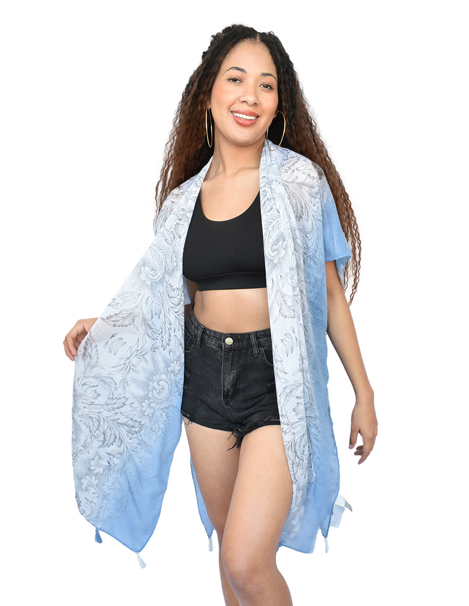 Kimono de Playa Blanco Florar Efecto Degradado en Azul 