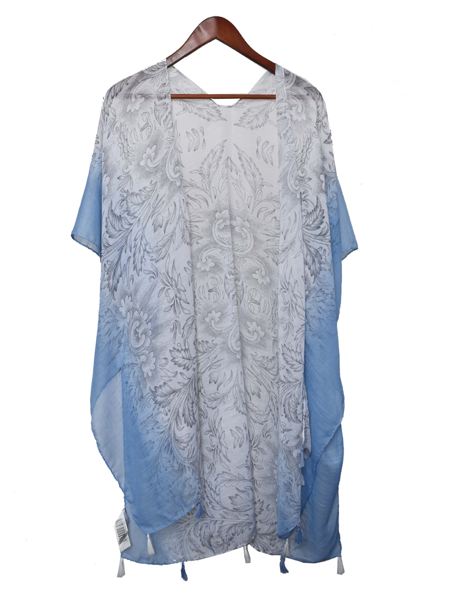 Kimono de Playa Blanco Florar Efecto Degradado en Azul 