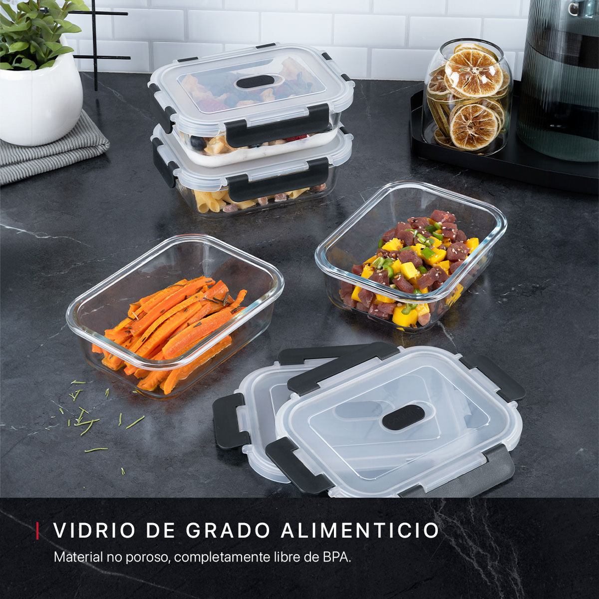 Recipientes de Vidrio Herméticos para Alimentos 4 Contenedores con 4 Tapas - Toppers Cookify