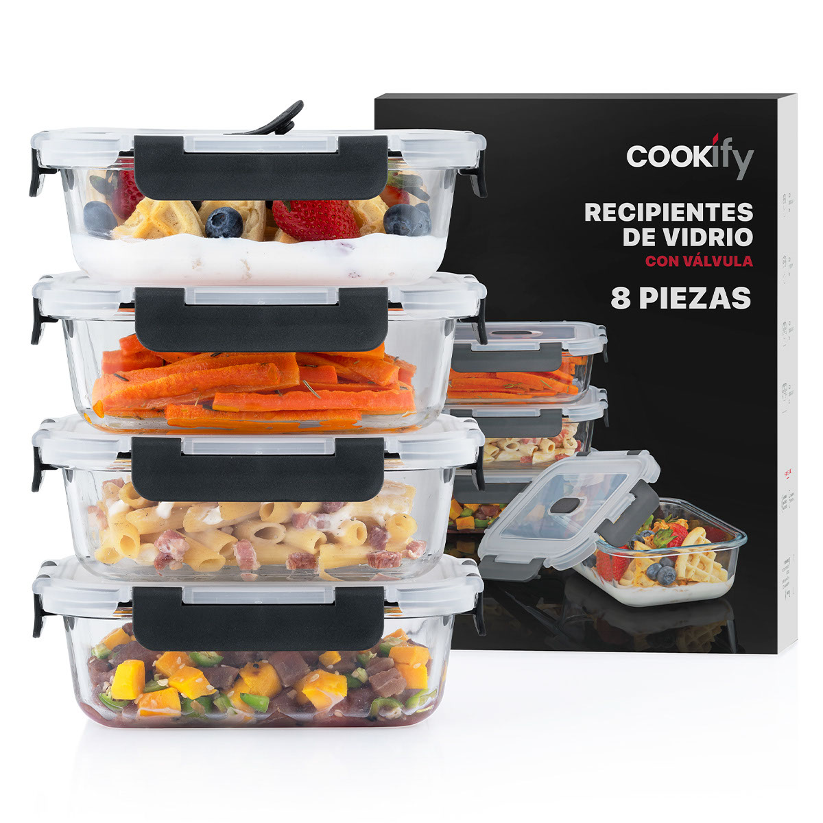 Recipientes de Vidrio Herméticos para Alimentos 4 Contenedores con 4 Tapas - Toppers Cookify