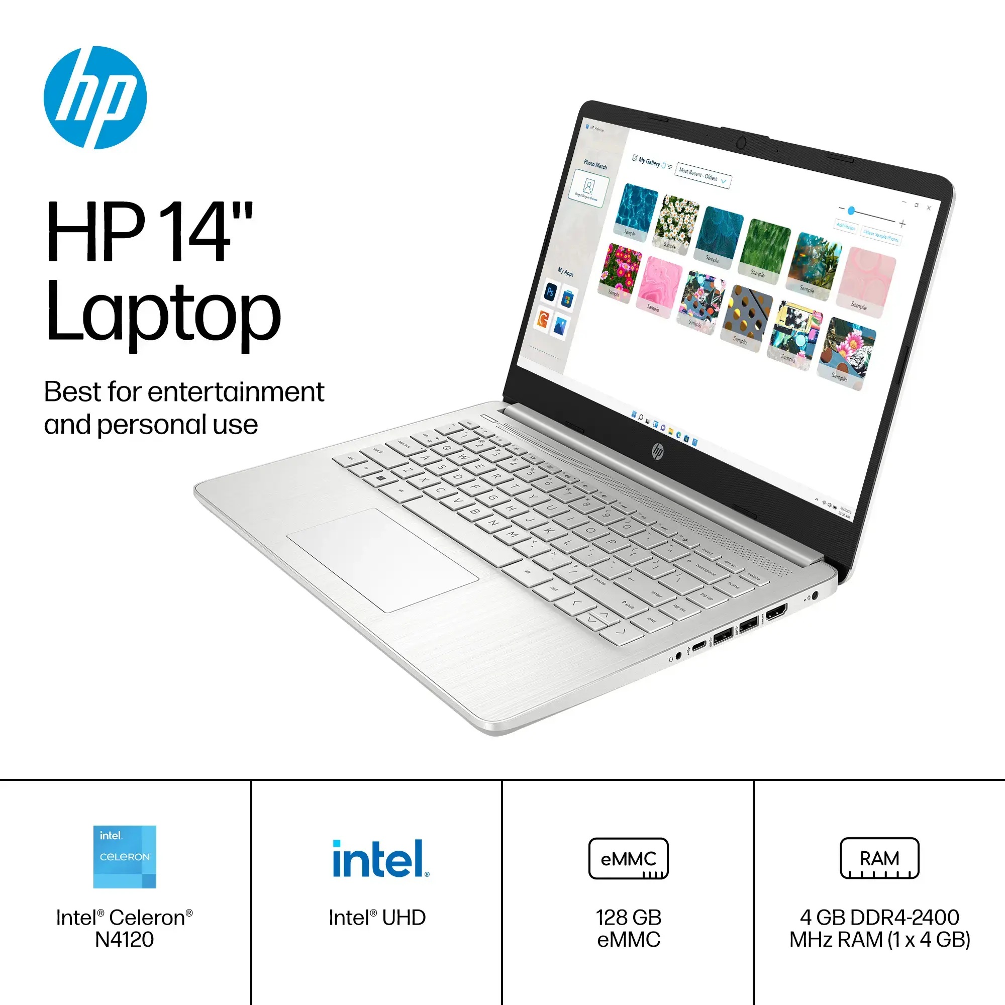 Laptop HP Pantalla 14 Pulgadas HD Procesador Intel Celeron N4120 Memoria  4 Gb Ram 128 Gb eMMc Procesador Windows 11 Home Color Silver