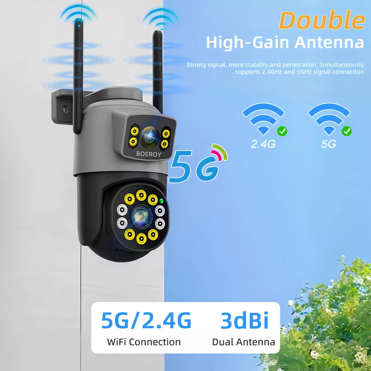Cámara De Seguridad Boeroy H10 Doble Lente Wifi 5g Exterior Con Led Alarma