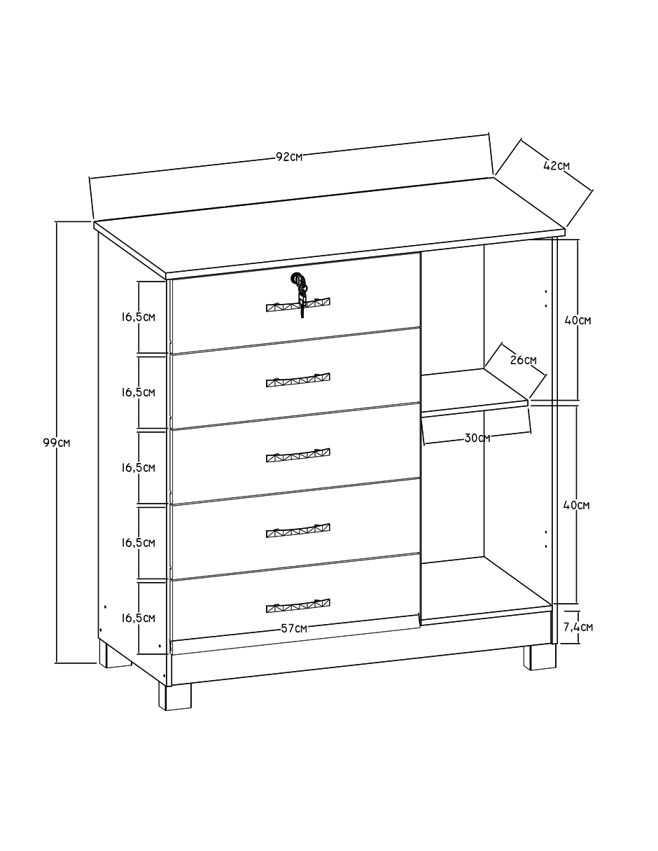 Cómoda Cajonera Verona Con Llave 4 Cajones 1 Puerta Rustico
