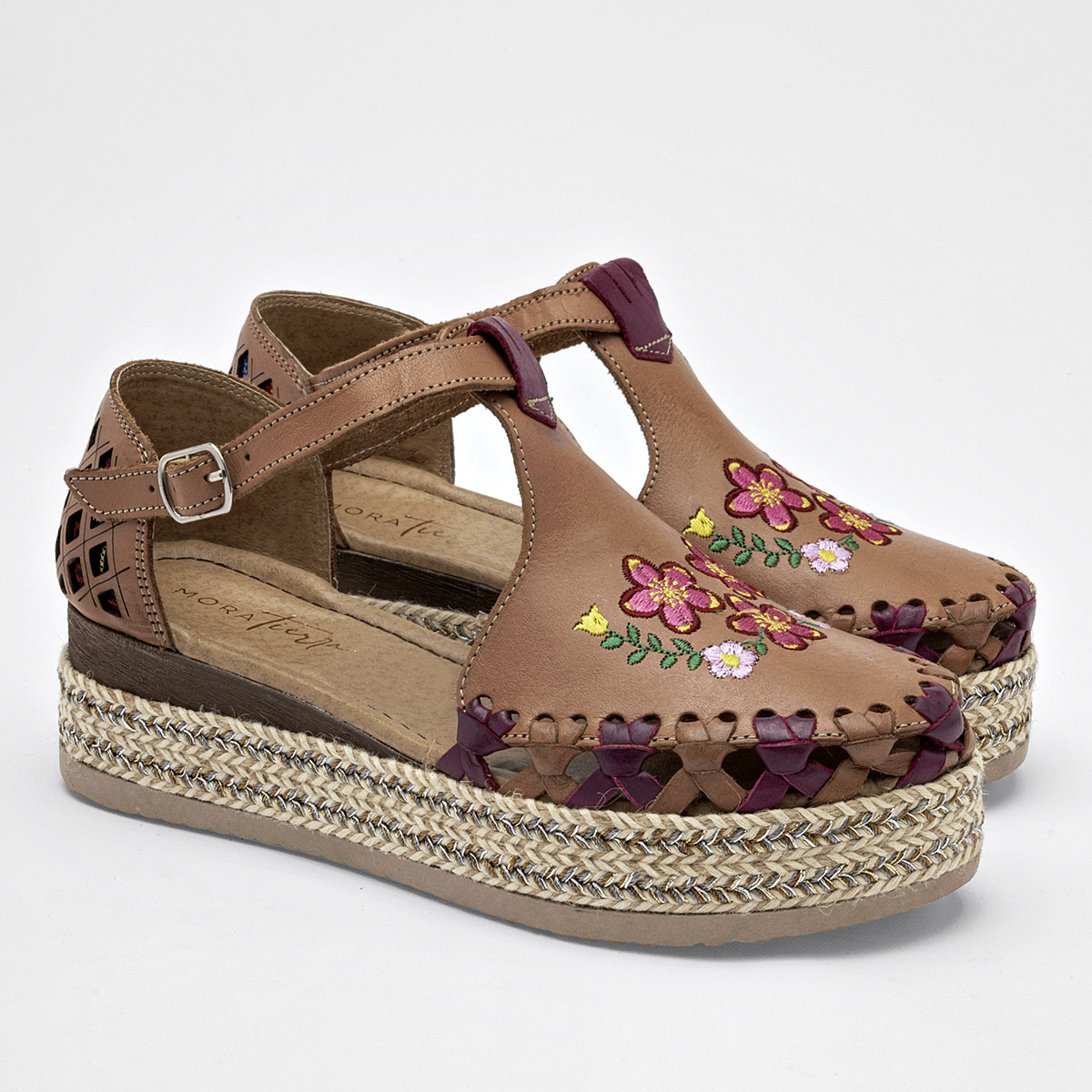 SANDALIA PLATAFORMA 5 CM PIEL MUJER MORA TIERRA HELEN CAMEL VINO 