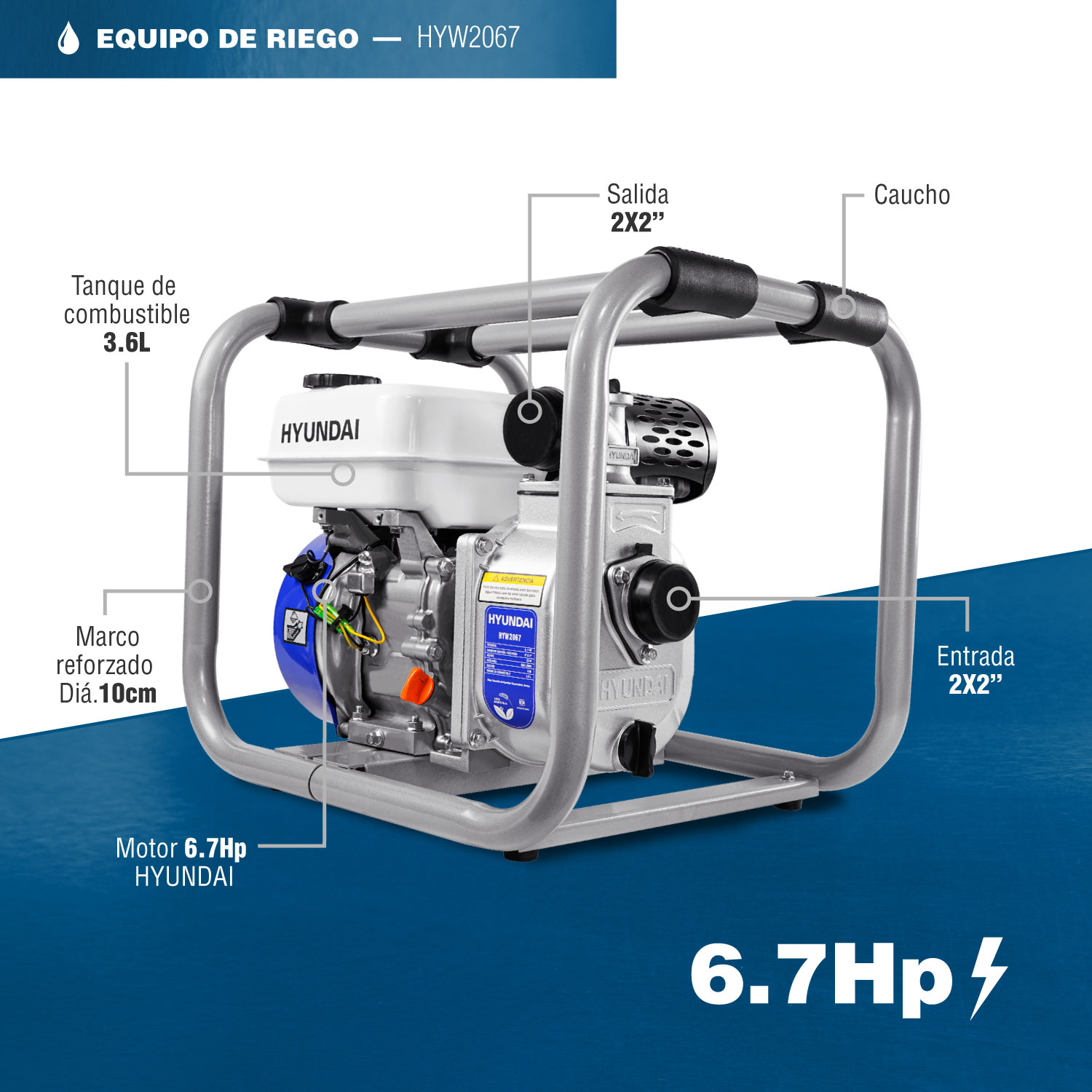 MOTOBOMBA AUTOCEBANTE A GASOLINA PROFESIONAL HYUNDAI 6.7 HP 2X2 4 TIEMPOS - HYW2067