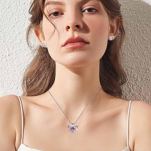 Collar Dije Corazón 925 Plata Y Cristal Mujer Arete Kit