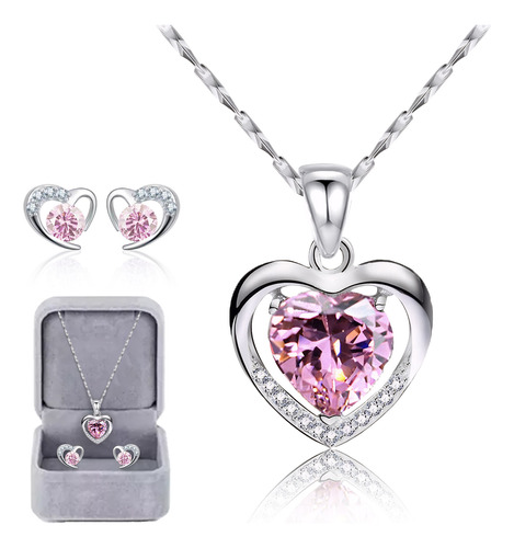 Collar Dije Corazón 925 Plata Y Cristal Mujer Arete Kit