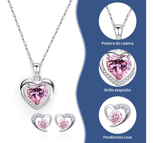 Collar Dije Corazón 925 Plata Y Cristal Mujer Arete Kit