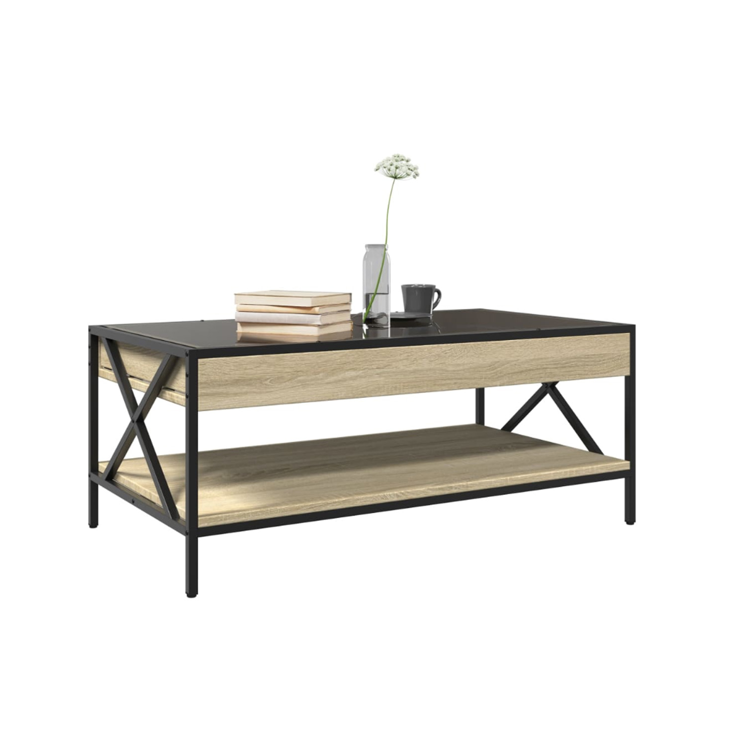 Bossa Mesa de Centro Industrial con Estante Salisbury | Vidrio | Metal Negro | Acabado en Madera Clara | 2 Niveles