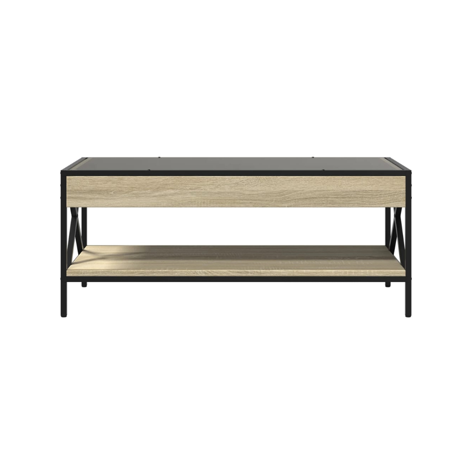 Bossa Mesa de Centro Industrial con Estante Salisbury | Vidrio | Metal Negro | Acabado en Madera Clara | 2 Niveles