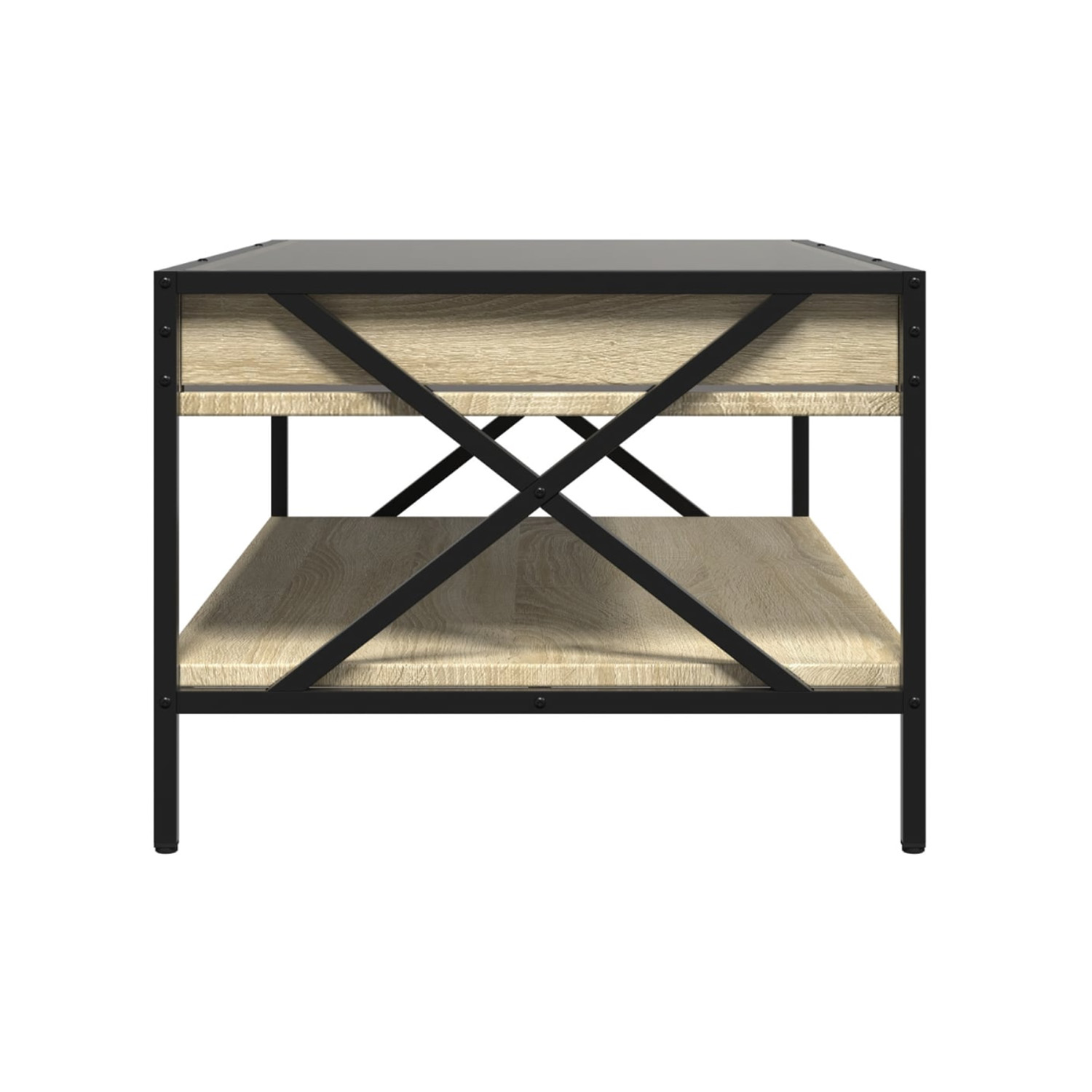 Bossa Mesa de Centro Industrial con Estante Salisbury | Vidrio | Metal Negro | Acabado en Madera Clara | 2 Niveles