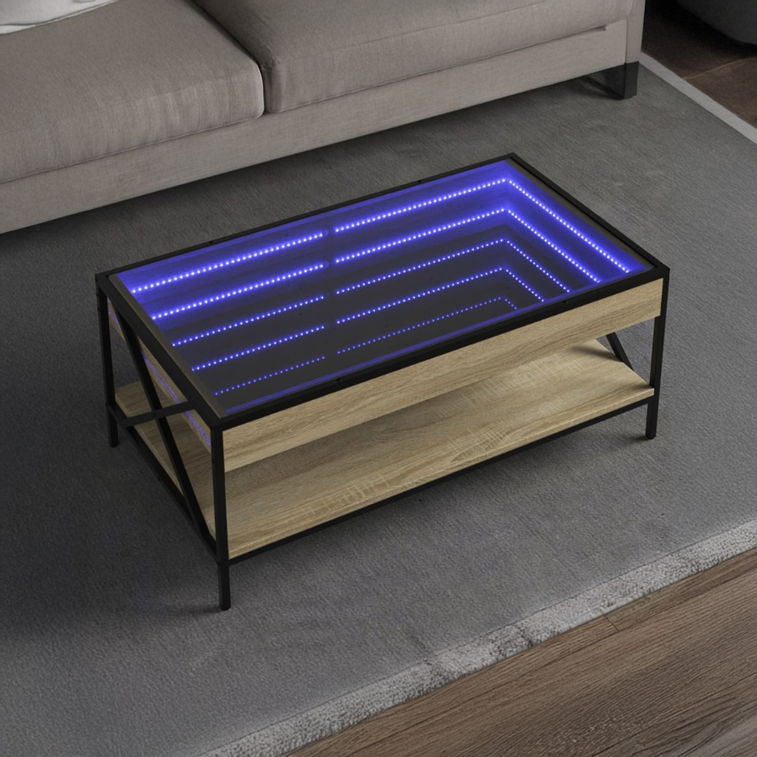 Bossa Mesa de Centro Industrial con Estante Salisbury | Vidrio | Metal Negro | Acabado en Madera Clara | 2 Niveles