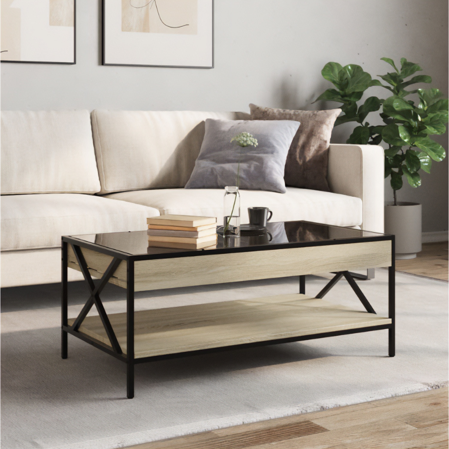 Bossa Mesa de Centro Industrial con Estante Salisbury | Vidrio | Metal Negro | Acabado en Madera Clara | 2 Niveles