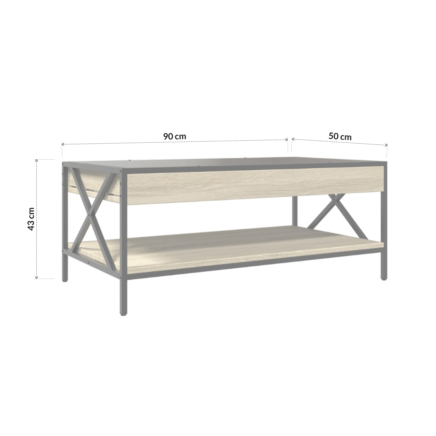 Bossa Mesa de Centro Industrial con Estante Salisbury | Vidrio | Metal Negro | Acabado en Madera Clara | 2 Niveles