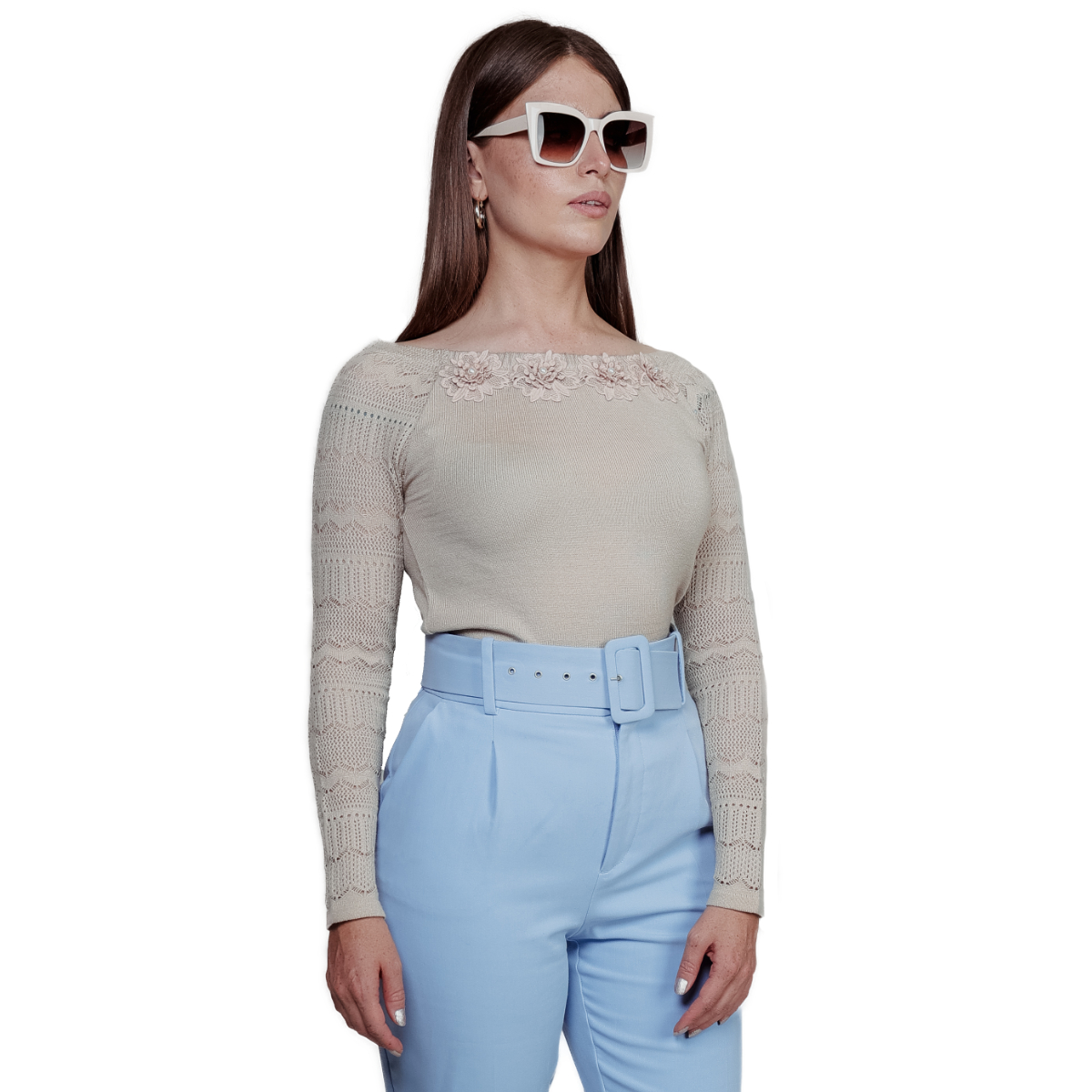 Blusa Zuio manga larga para mujer-BEIGE