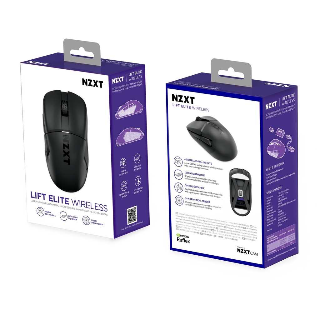 MOUSE NZXT LIFT ELITE WIRELESS NEGRO 57GRAMOS 4,000HZ 26,000PPP 70HRS BATERIA USB MS-101NB-01