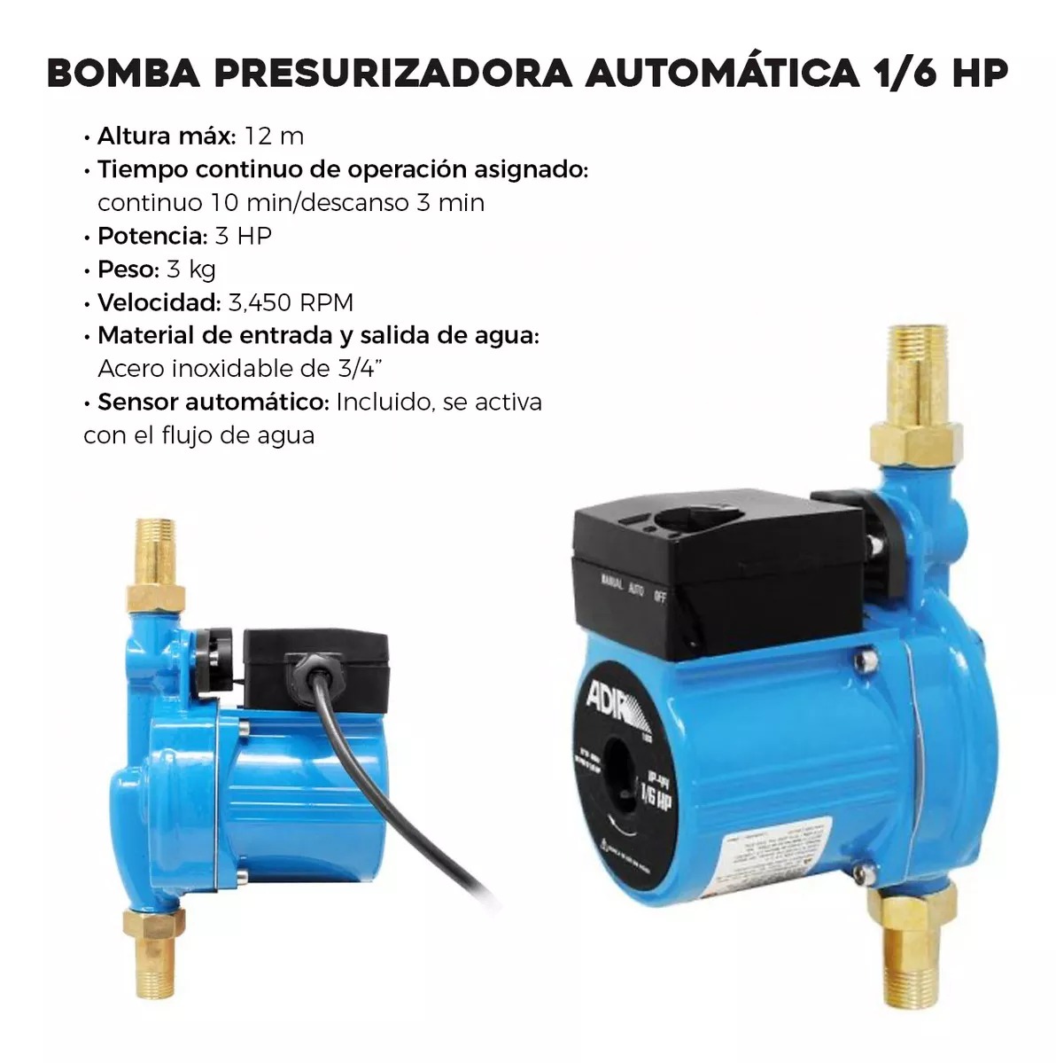 Bomba Presurizadora Automática 1/6 Hp 140 W Adir 1503 127V