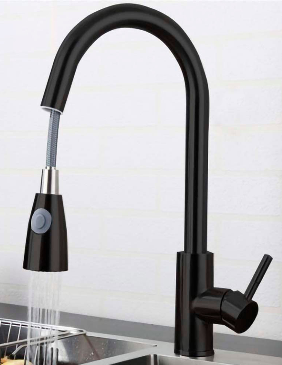 Llave Mezcladora y Grifo de Cocina Triple Función con Manguera Retráctil Acabado Negro Mate Haussy