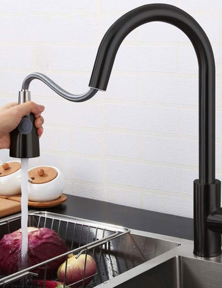 Llave Mezcladora y Grifo de Cocina Triple Función con Manguera Retráctil Acabado Negro Mate Haussy