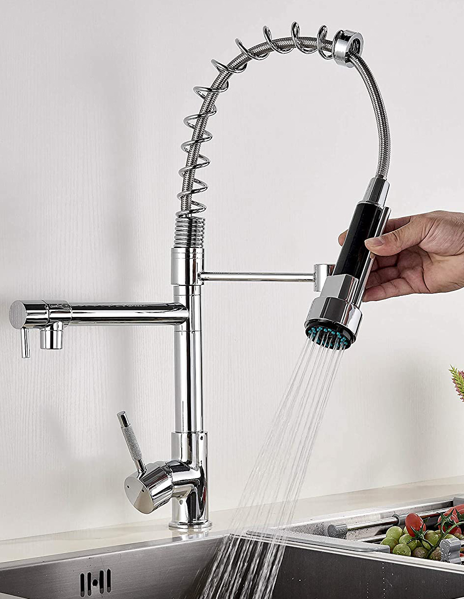 Llave Mezcladora y Grifo Para Cocina Doble Con Doble Función Acabado Cromado Haussy 