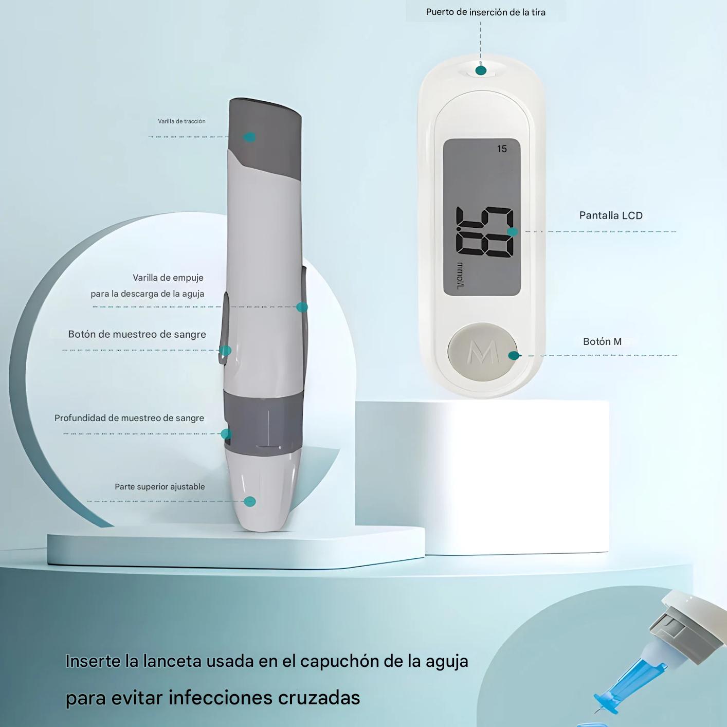 Medidor prueba azúcar 50 tiras reactivas rápidos digital casero profesional batería negro memoria glucosa 