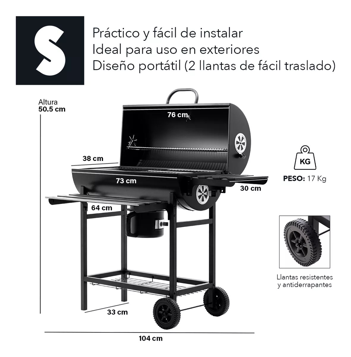Parrilla Asador De Carbón Tipo Barril Con Ruedas Acero Inox