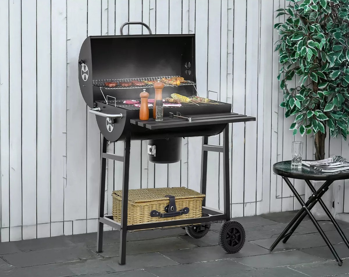 Parrilla Asador De Carbón Tipo Barril Con Ruedas Acero Inox