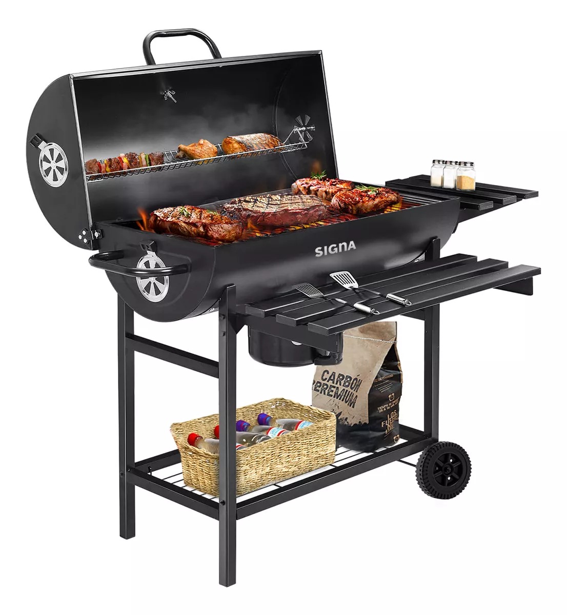Parrilla Asador De Carbón Tipo Barril Con Ruedas Acero Inox