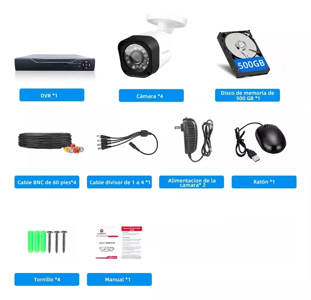 QIGO Kit 4 Cámaras de seguridad QG-77-K500G con resolución de 4ch 2MP ...