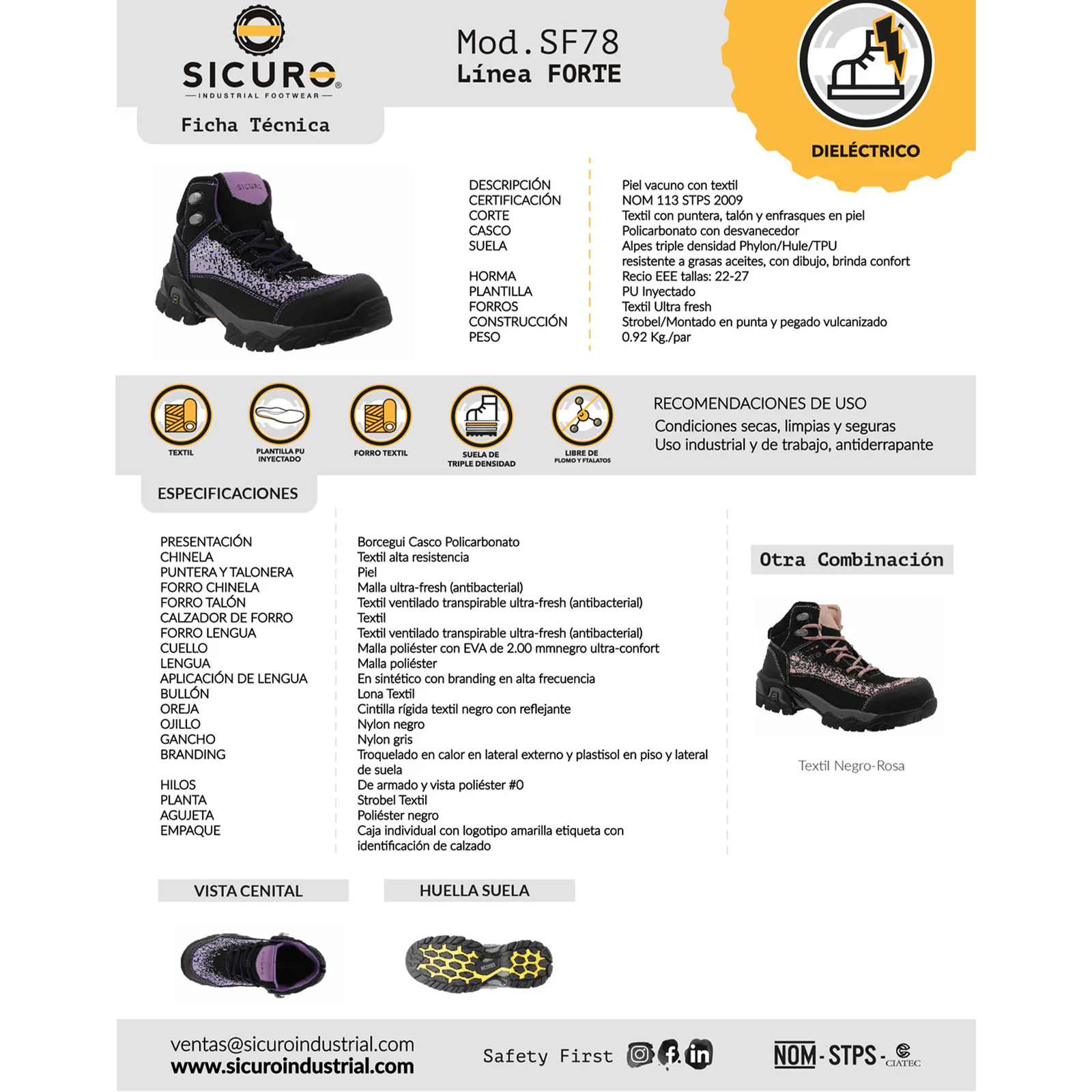Botas De Seguridad Para Dama Sicuro Forte Sf78 Negro Lila Casco Policarbonato