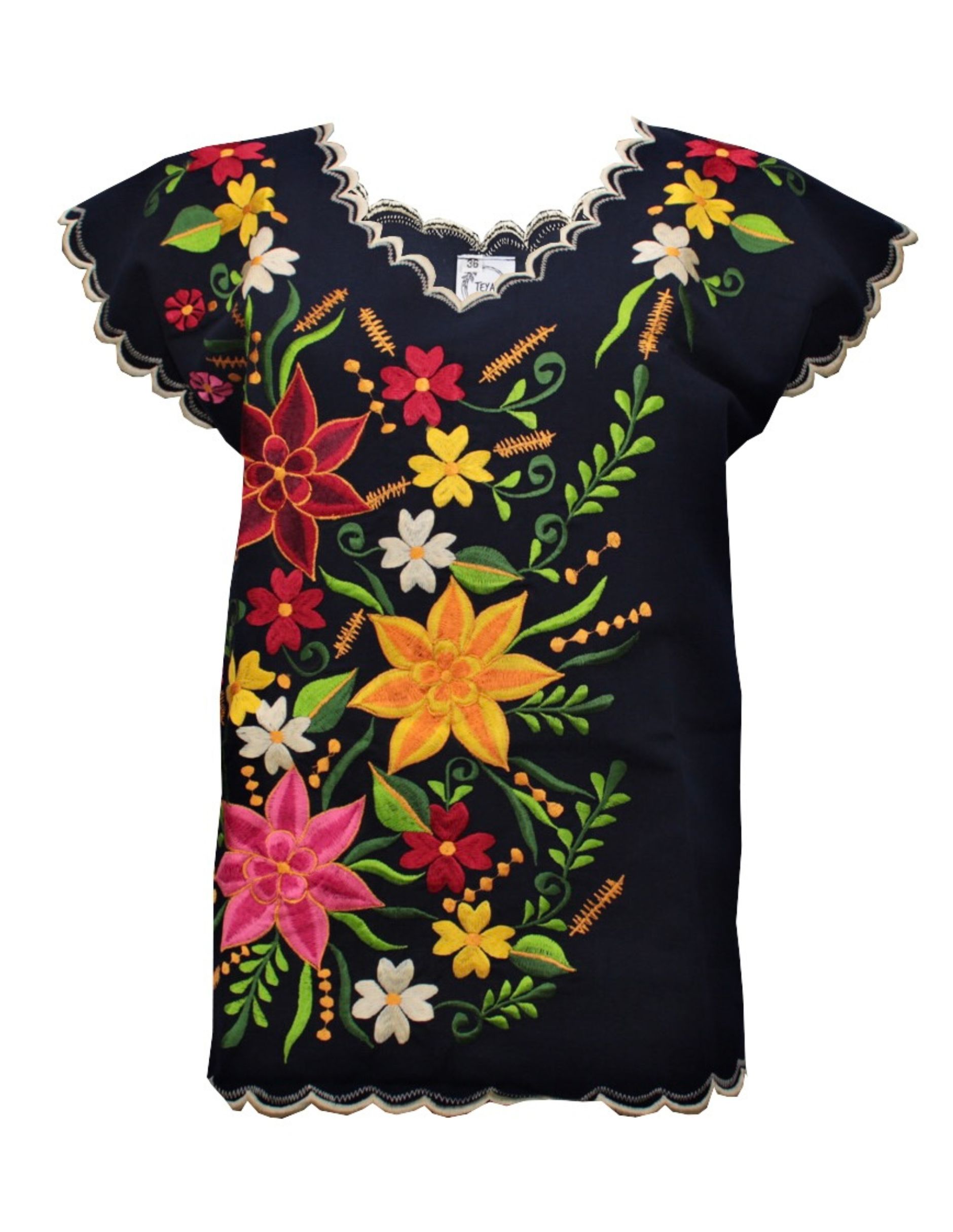 Blusa Bordada Artesanal Yucateca Azul Marino Para Mujer Teya Artesanal