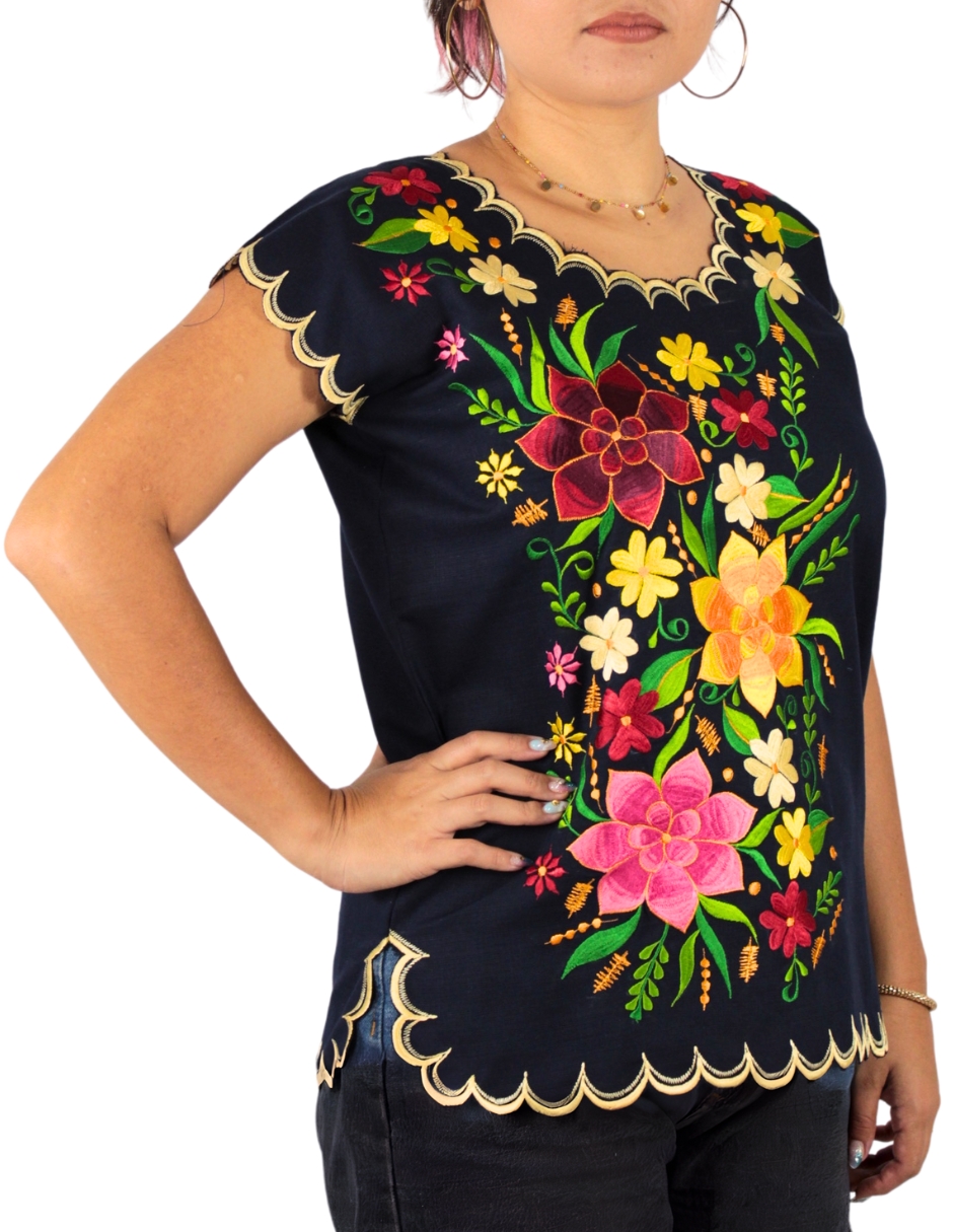Blusa Bordada Artesanal Yucateca Azul Marino Para Mujer Teya Artesanal