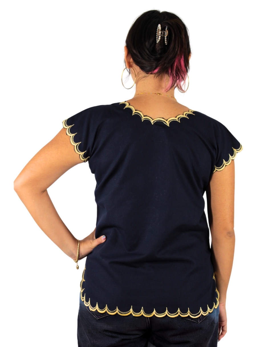 Blusa Bordada Artesanal Yucateca Azul Marino Para Mujer Teya Artesanal