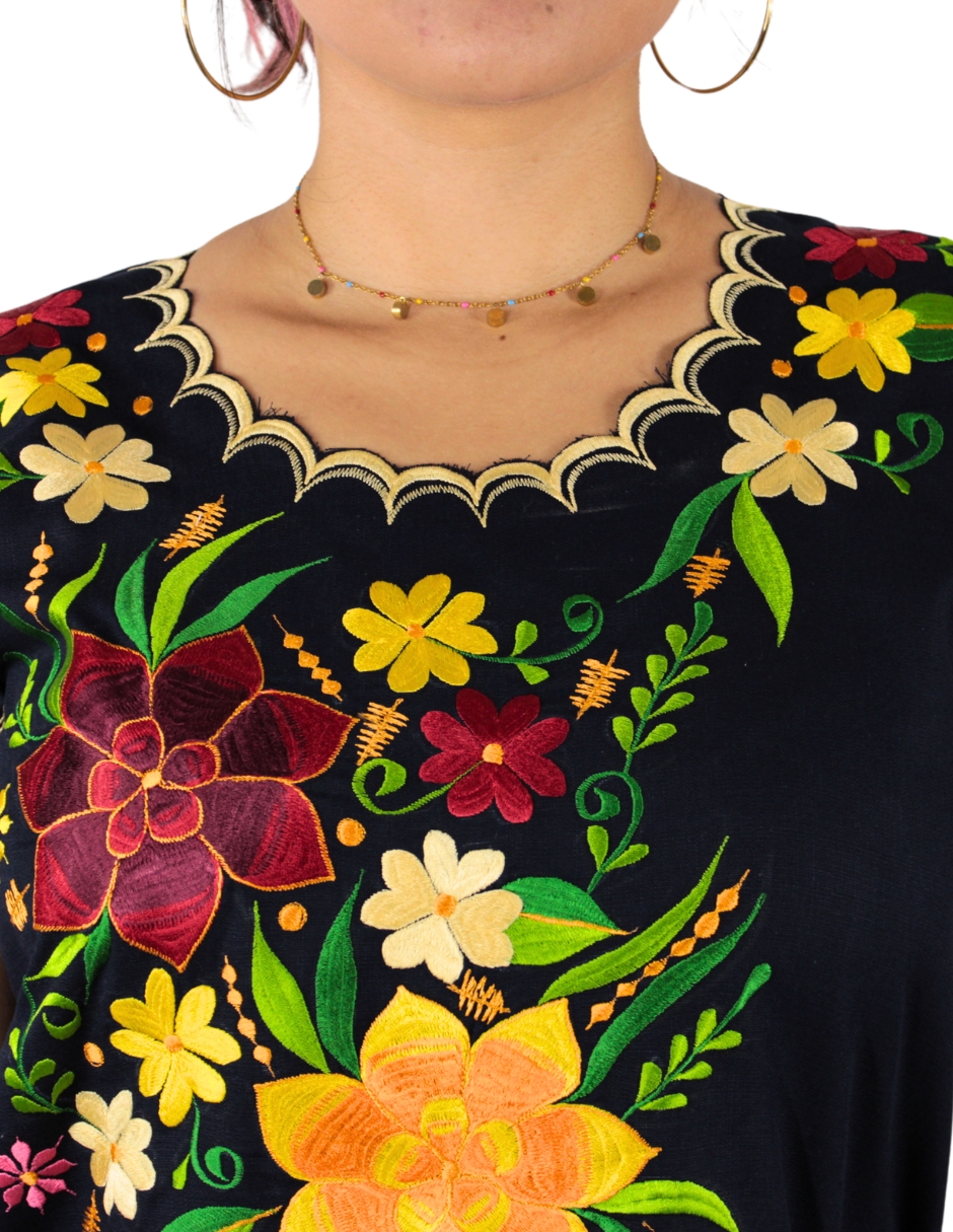Blusa Bordada Artesanal Yucateca Azul Marino Para Mujer Teya Artesanal