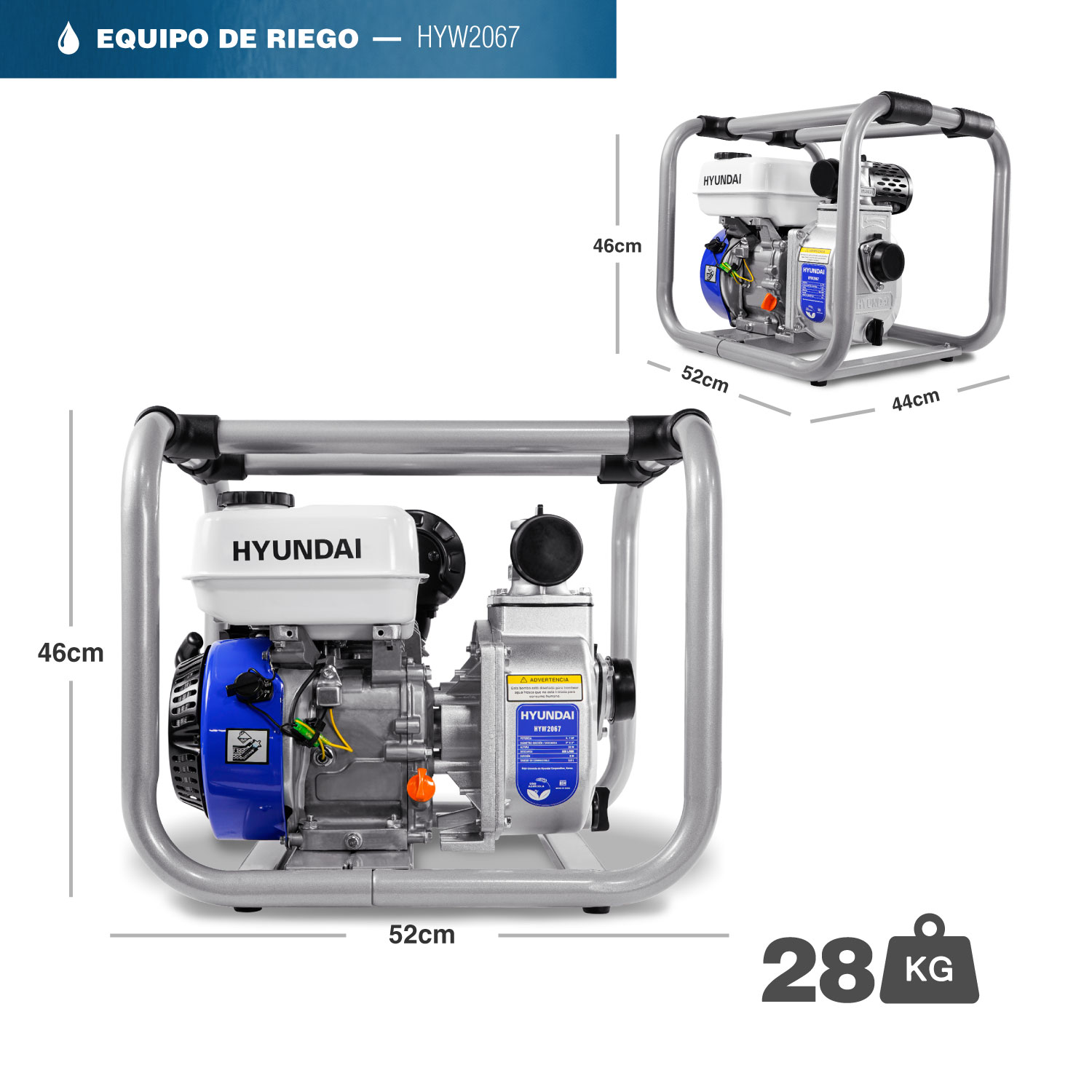 MOTOBOMBA AUTOCEBANTE A GASOLINA PROFESIONAL HYUNDAI 6.7 HP 2X2 4 TIEMPOS - HYW2067