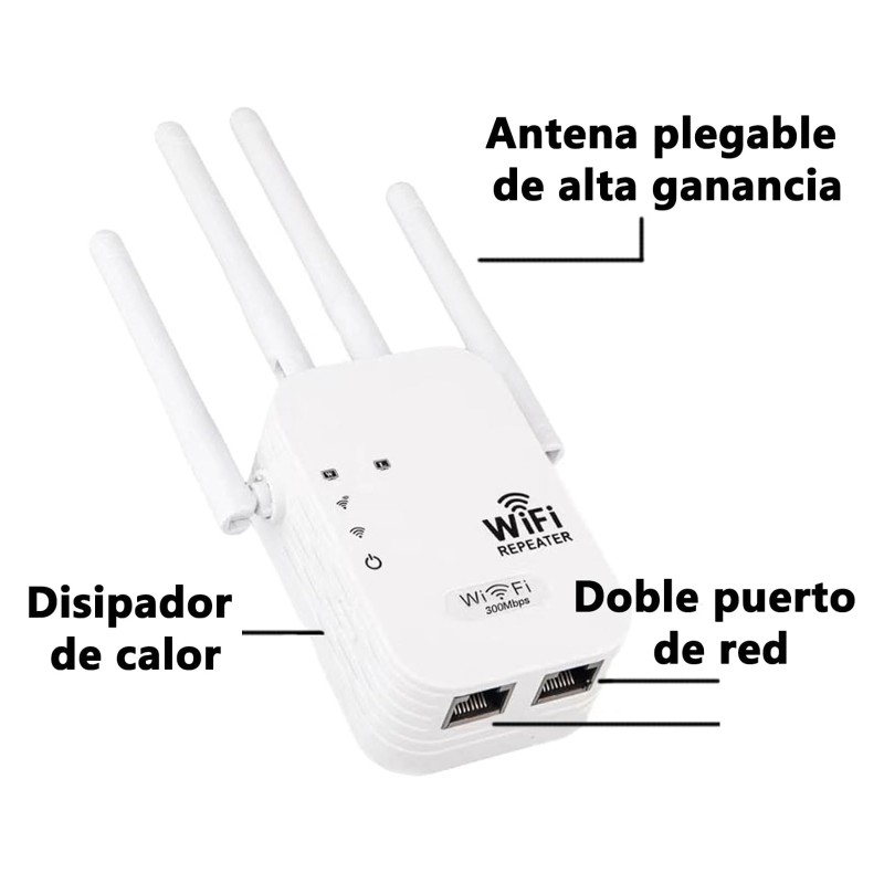 Repetidor Wifi, Extensor de Señal Inalámbrico, 300Mbps, 4 Antenas y Puerto Ethernet, Amplificador de Señal