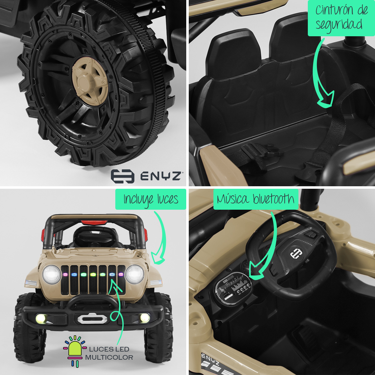 Camioneta Jeep Montable para niña niño Eléctrico Carro Todo terreno Con Control Remoto BCX-6 Enyz luces frontales con multi Led Música Bluetooth Edades de 1 a 4 años