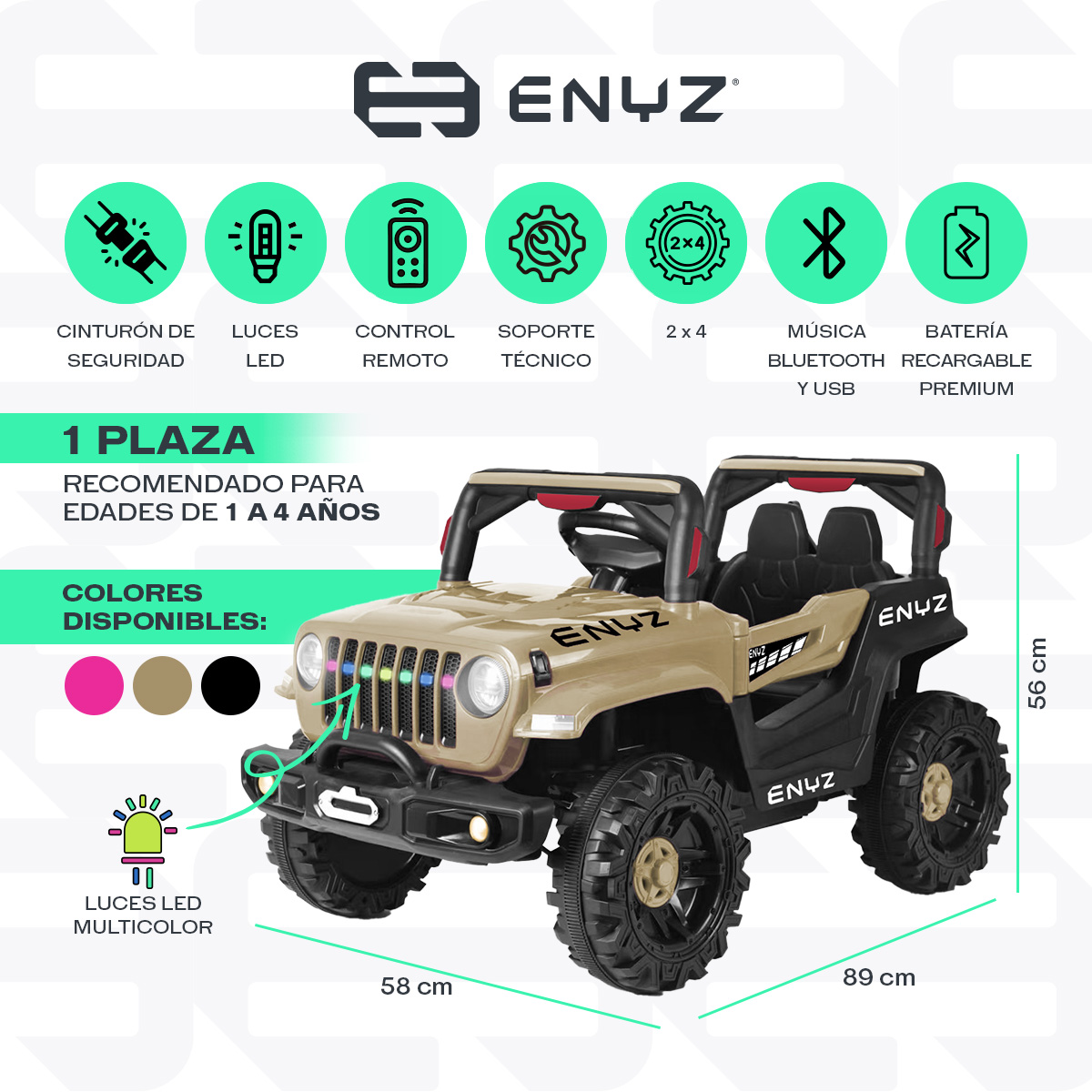 Camioneta Jeep Montable para niña niño Eléctrico Carro Todo terreno Con Control Remoto BCX-6 Enyz luces frontales con multi Led Música Bluetooth Edades de 1 a 4 años