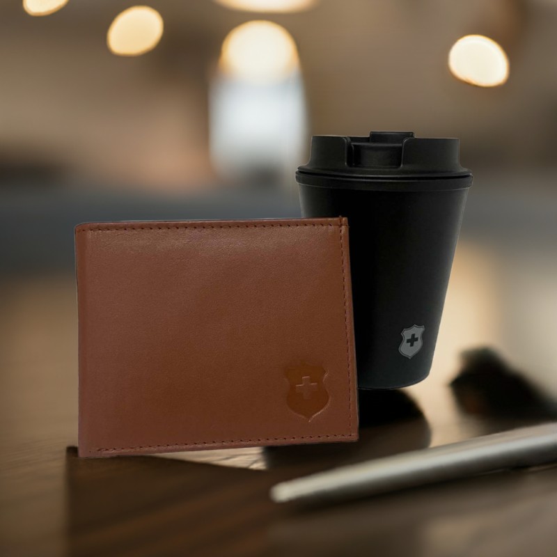 Cartera de Piel y Termo 350ml, Kit de Lujo para Hombre, Royal Swiss, Regalo Elegante y Funcional
