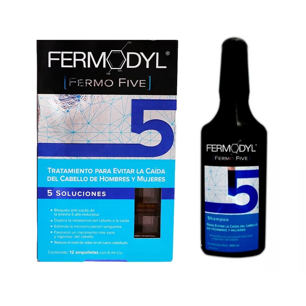 Fermodyl FermoFive, Tratamiento Caída Cabello, 12 Ampolletas y Shampoo Anticaída 400 ml, Hombre y Mujer