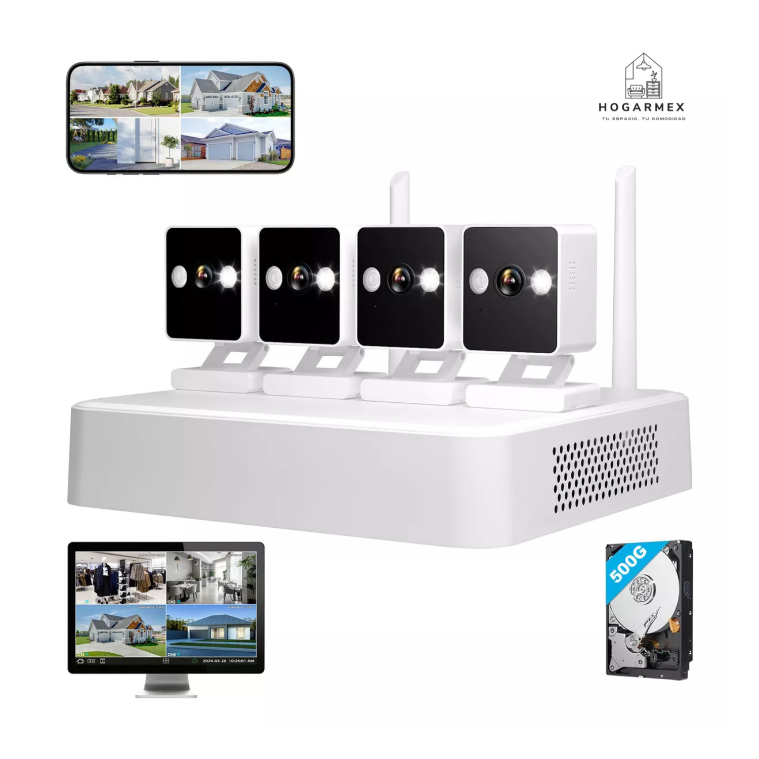 Kit Cámara De Seguridad Vigilancia 2mp  500gb Color Blanco