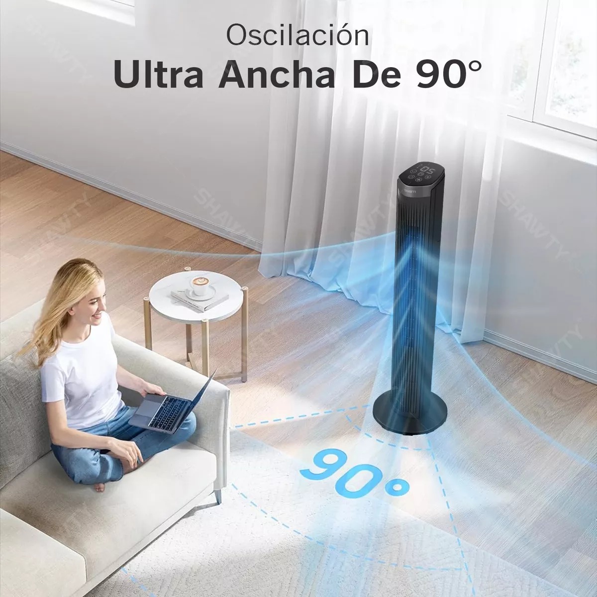 Ventilador De Torre Shawty® 40 Pulgadas 100cm Con Control Remoto, 5 Velocidades Temporizador 12H, Silencioso y Portátil, Ideal Dormitorio, Oficina, Cocina