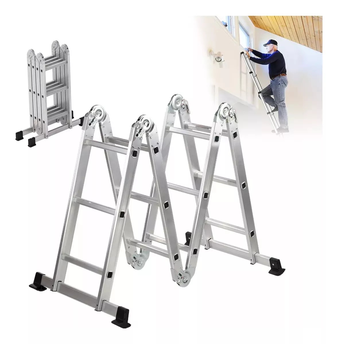 Escalera 12 Peldaños Andamio Multiposiciones Plegable 3.35m Color Plateado