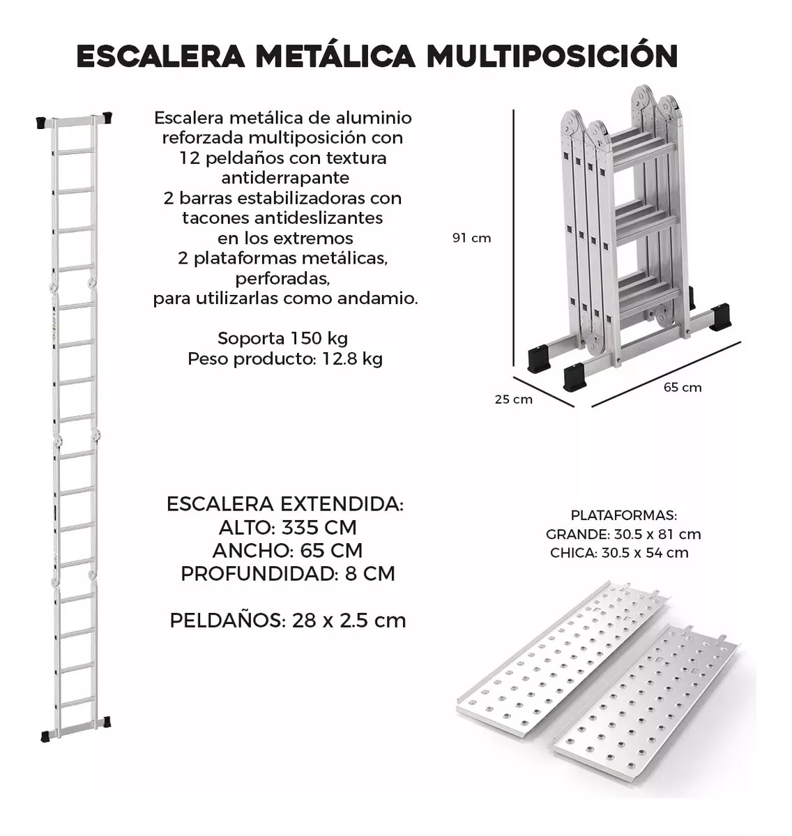 Escalera 12 Peldaños Andamio Multiposiciones Plegable 3.35m Color Plateado