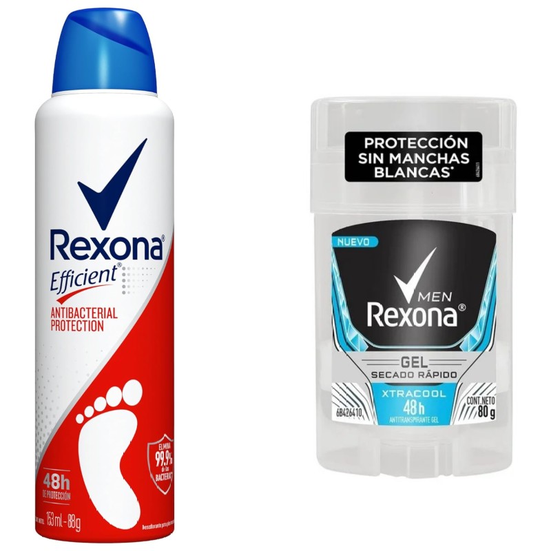 Set Rexona: Desodorante para Pies Efficient Antibacterial y Antitranspirante en Gel Xtracool Hombre 80g, Secado Rápido, 48h Protección